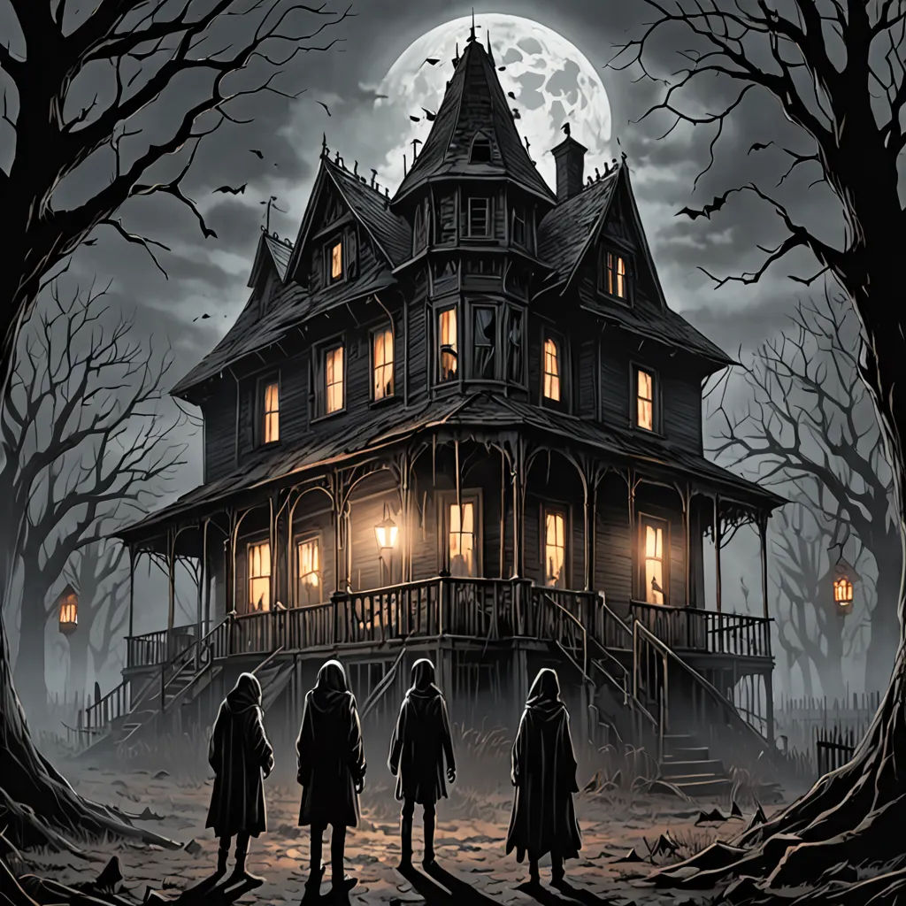 a group of people standing in front of a creepy house at night with a full moon in the background, gothic art, poster art, Dan Mumford, key art