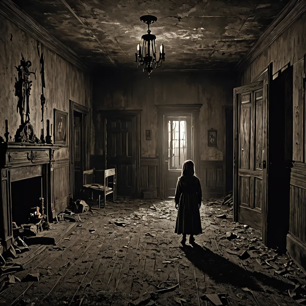 a woman standing in a dark room with a chandelier hanging from the ceiling and a fireplace in the corner, art photography, a detailed matte painting, Dirk Crabeth, promotional image