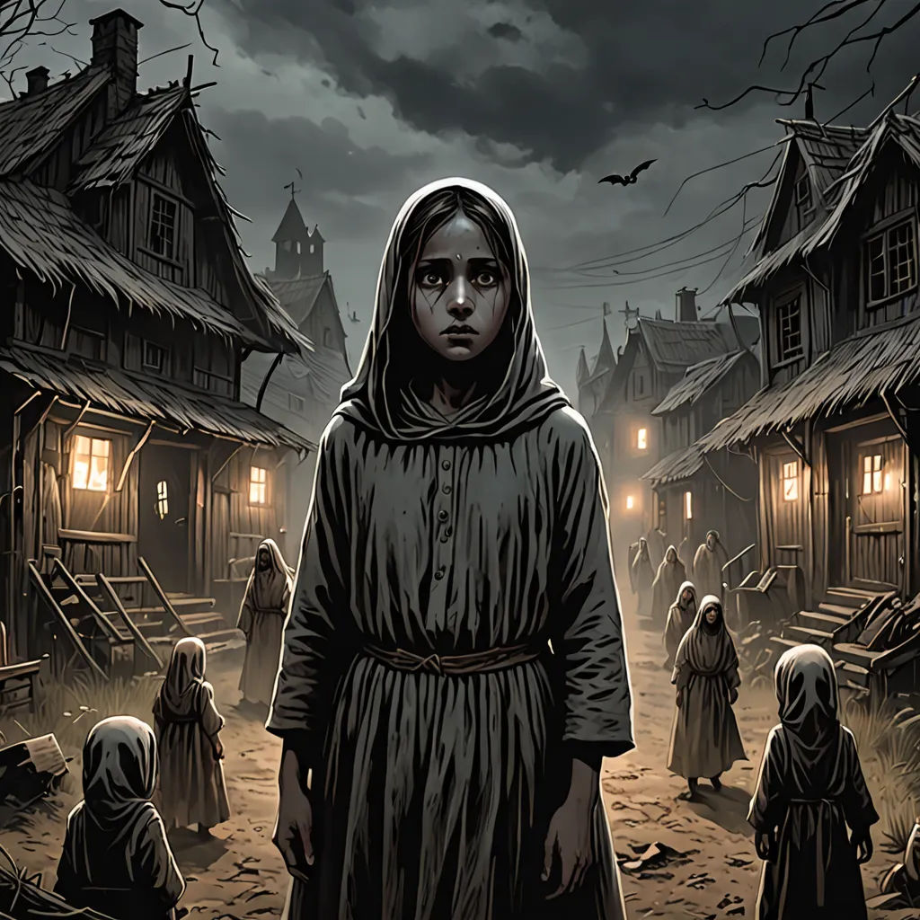 a painting of a woman in a hooded outfit standing in a village at night with a crowd of people, gothic art, a storybook illustration, Craig Davison, comic cover art