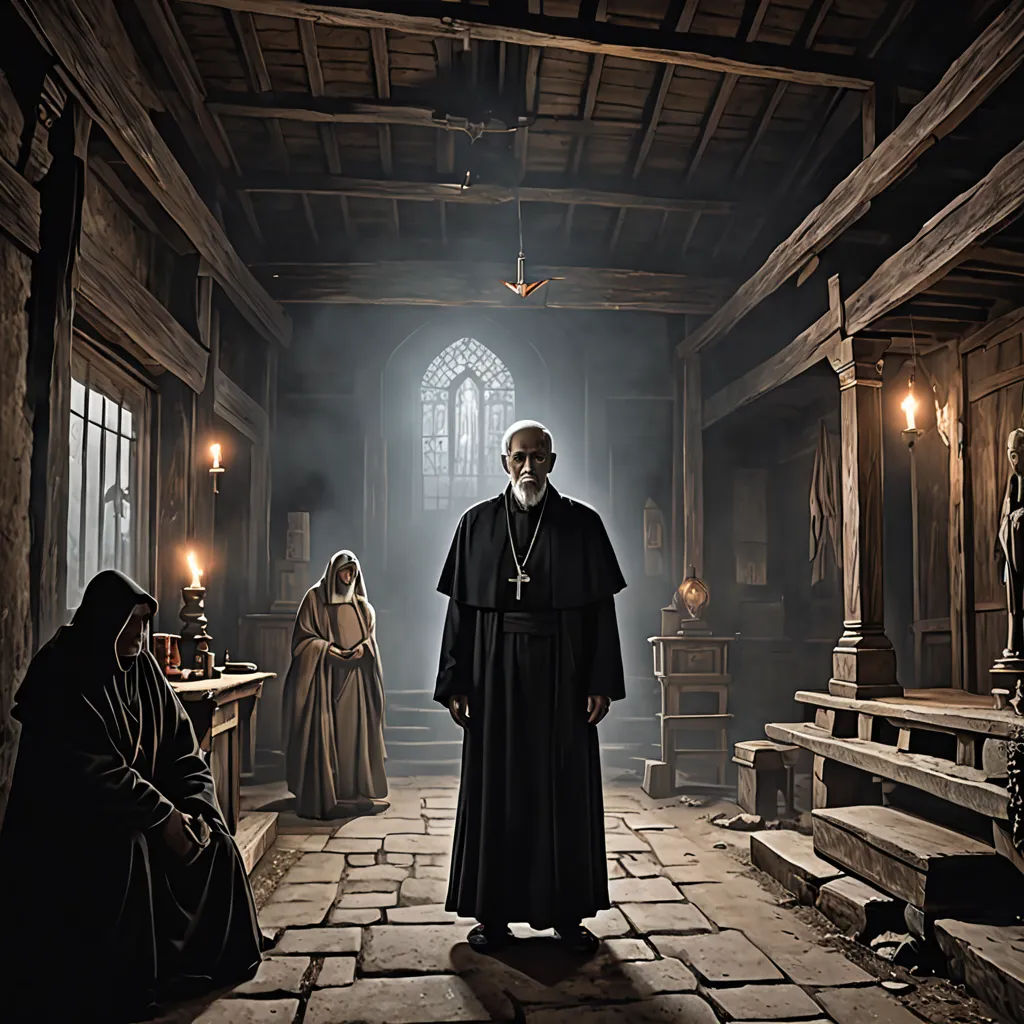 a man in a priest's robes standing in a dark room with other people around him and a candle lit alter, renaissance, a detailed matte painting, Artur Tarnowski, promotional image