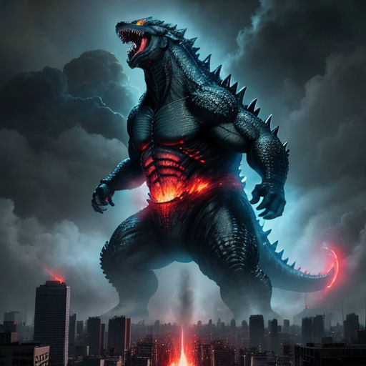 godzilla in the city with a red light coming out of its mouth and a city in the background with dark clouds