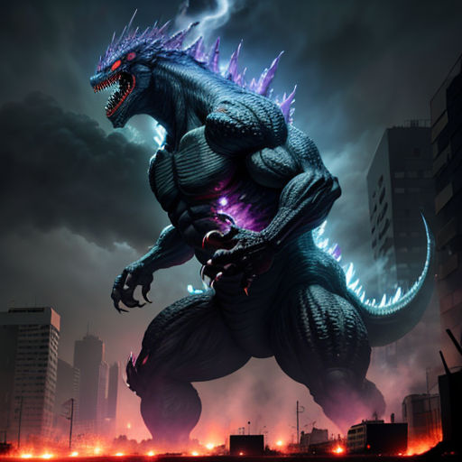 a godzilla is standing in the middle of a city at night with a lightning bolt in its mouth and a city skyline in the background