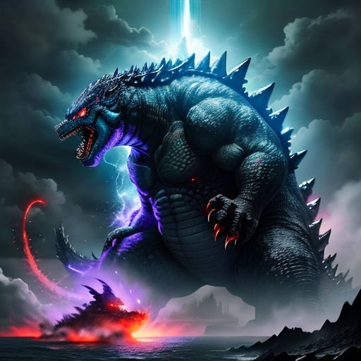 a godzilla is standing in the water with a sword in its mouth and a lightning bolt in the background