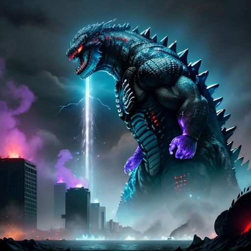a godzilla with a lightning bolt in the background and a city skyline in the foreground with a lightning bolt in the background