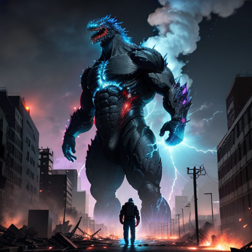 a man standing in front of a godzilla in a city at night with a lightning bolt in the sky