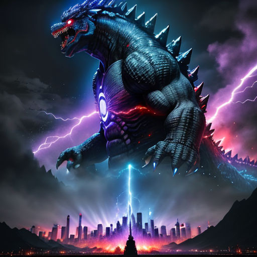 a godzilla with a lightning background and a city in the background with lightnings and lightning bolts in the sky