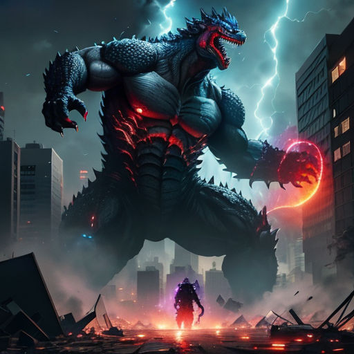 a godzilla is standing in front of a city with lightning in the background and a man in the foreground