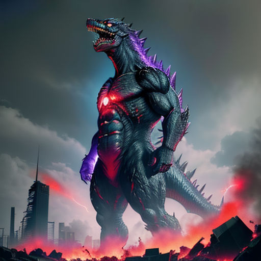 a godzilla is standing in the middle of a city with a red light on its face and a black background