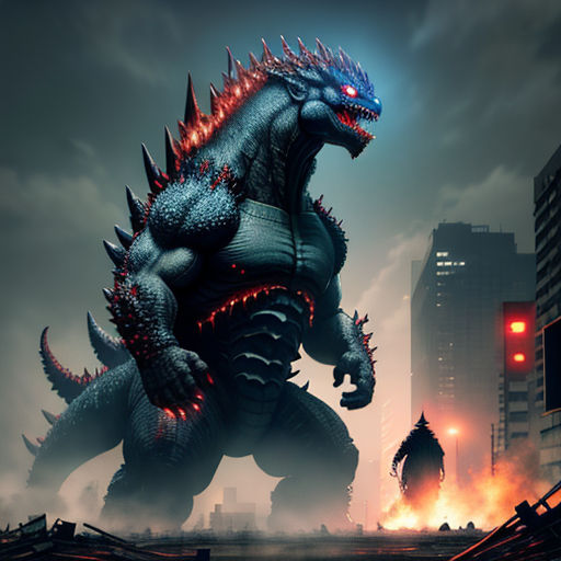 a godzilla is standing in the middle of a city at night with a red light on its head and a red light on its tail