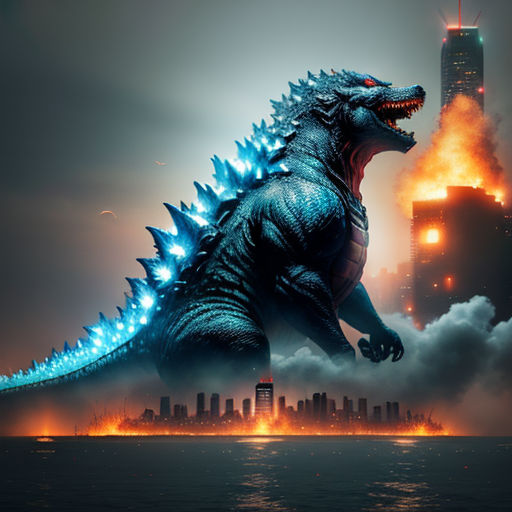 a godzilla is standing in the water with a city in the background and a fire in the sky behind it