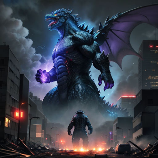 godzilla in the city with a city skyline in the background and a large godzilla standing in the middle of the street