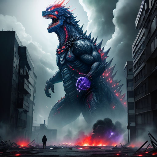 a godzilla is standing in the middle of a city street with a man standing next to it and a building in the background