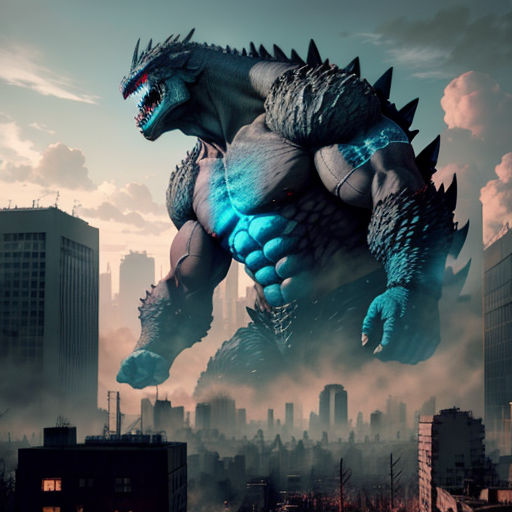 a godzilla is standing in the middle of a city with tall buildings and a cloudy sky in the background