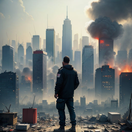 a man standing on a roof looking at a city with a fire in the sky and smoke billowing out of it