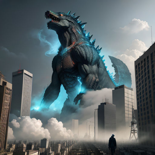 a man standing in front of a godzilla in a city with tall buildings and a sky background with clouds