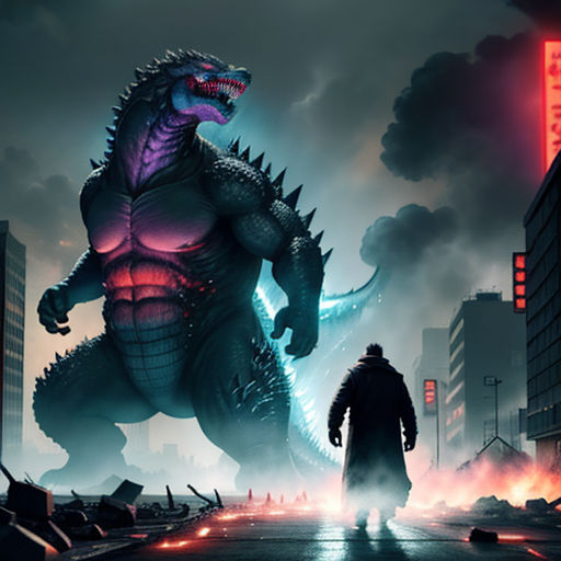 a man standing in front of a godzilla in a city at night with a neon light behind him and a large godzilla in the background
