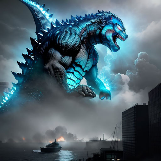 a large godzilla is standing in the air above the water and a boat is in the water behind it