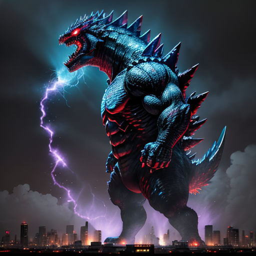 a godzilla is standing in the middle of a city at night with lightning in the background and a city skyline