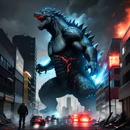 a godzilla is standing in the middle of a city street with a police car in front of it and a man standing next to it
