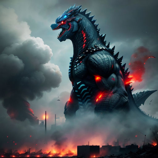 a godzilla with glowing eyes and a huge head in the clouds with a city in the background with a lot of smoke