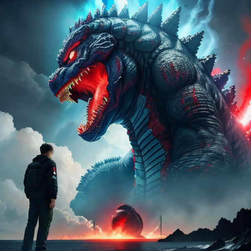 a man standing next to a giant godzilla in the ocean with a sky background and clouds in the background