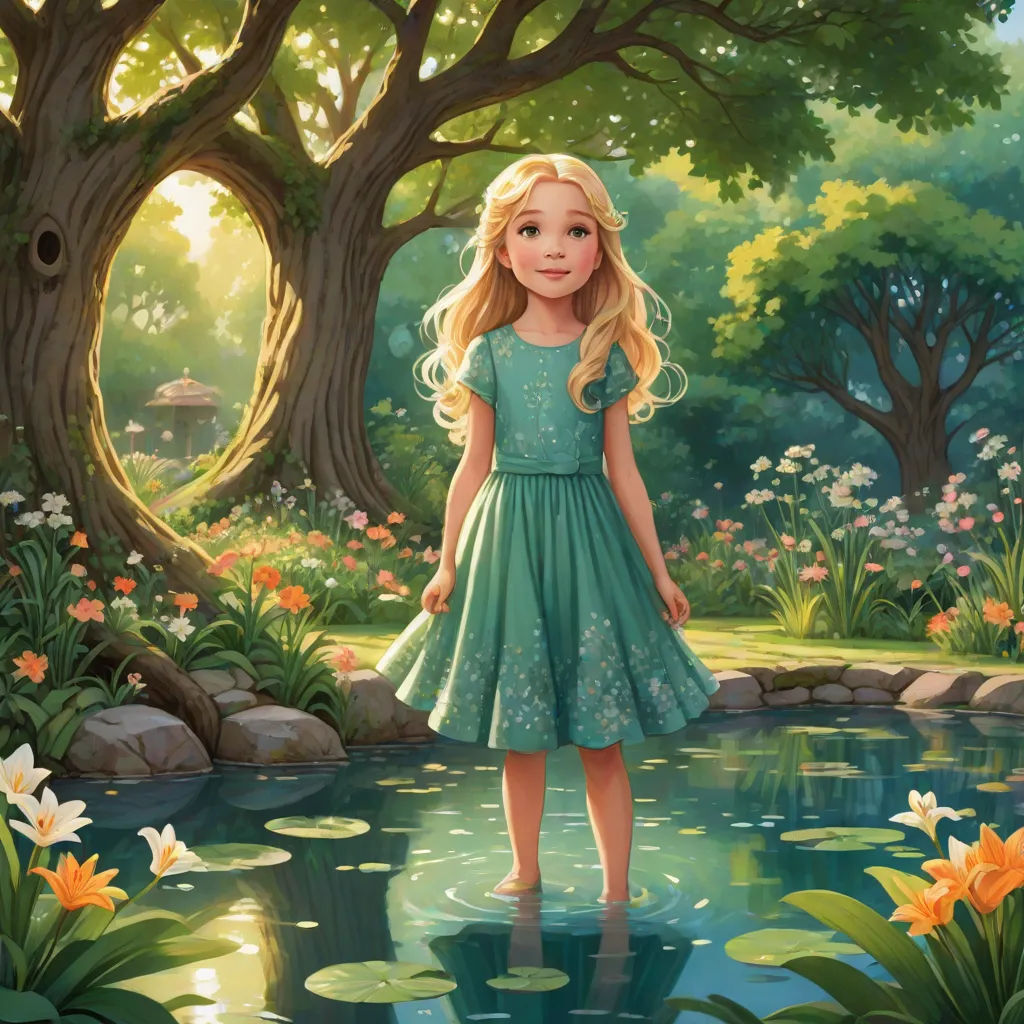 a painting of a girl standing in a pond of water with flowers around her and a tree in the background, fantasy art, a storybook illustration, Alice Prin, kinkade