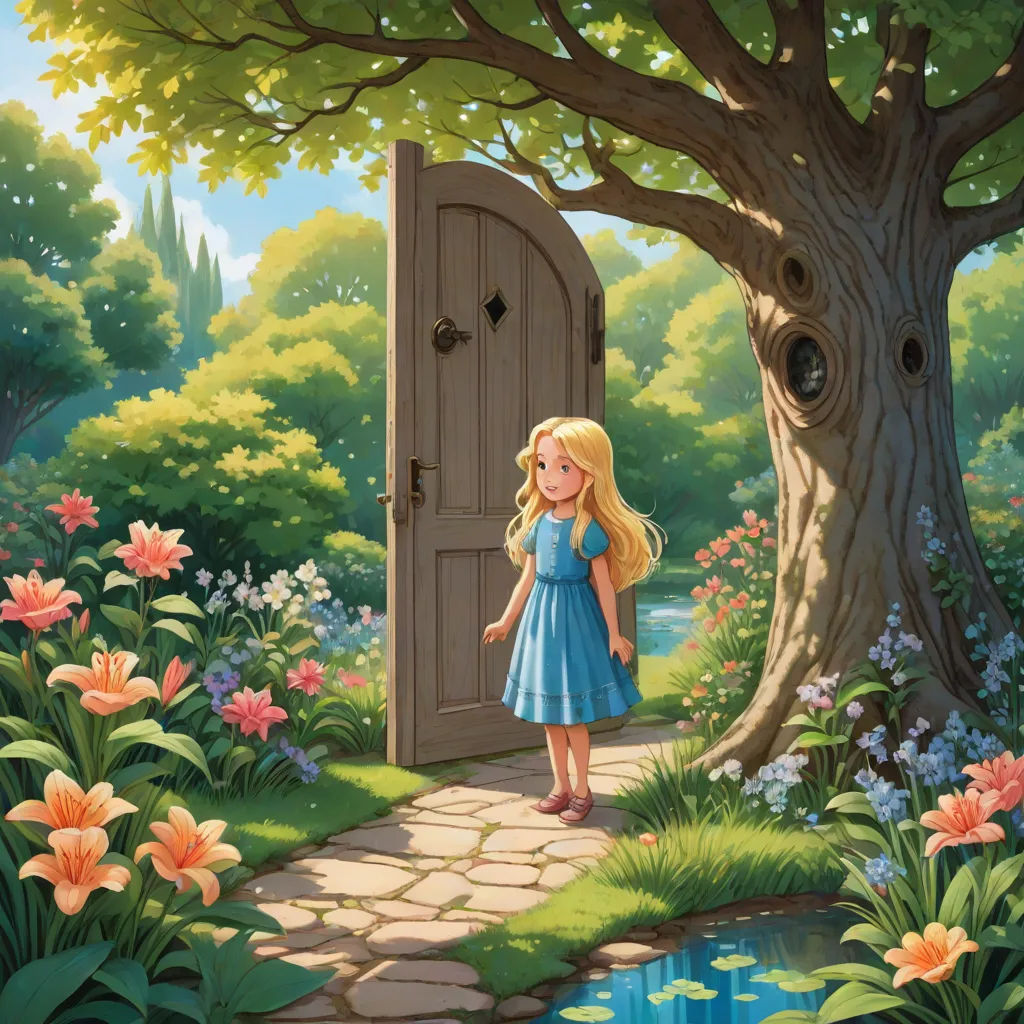 a little girl standing in front of a door in a garden with flowers and trees, and a pond, magical realism, a storybook illustration, Alice Prin, storybook illustration