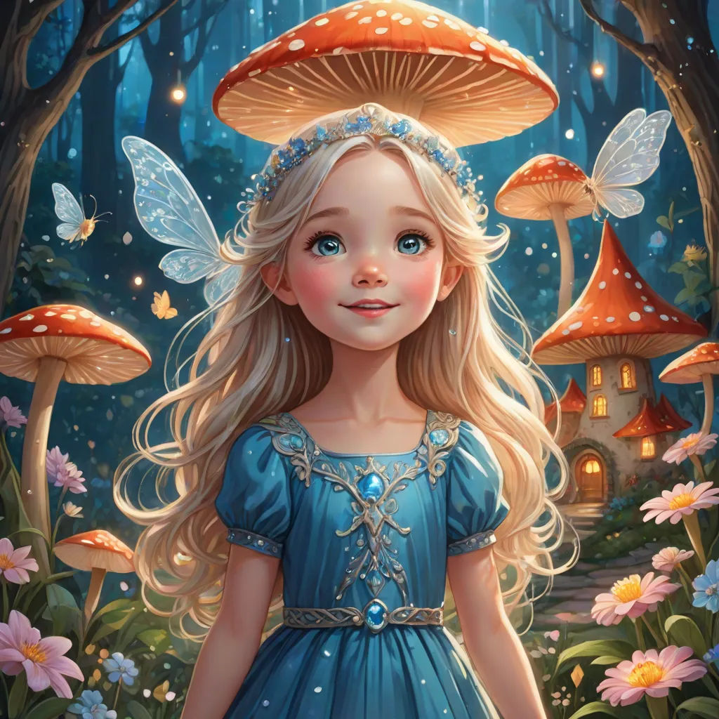 a painting of a little girl in a blue dress standing in a forest with mushrooms and flowers on the ground, fantasy art, a storybook illustration, Alice Prin, fantasy artwork