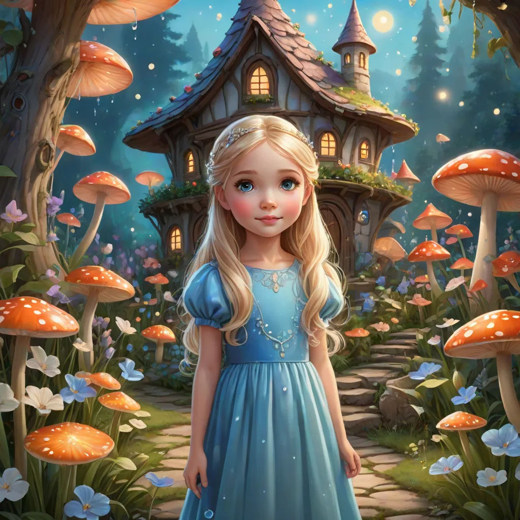 a girl in a blue dress standing in front of a mushroom house with mushrooms and mushrooms around it,, fantasy art, a storybook illustration, Alice Prin, storybook illustration