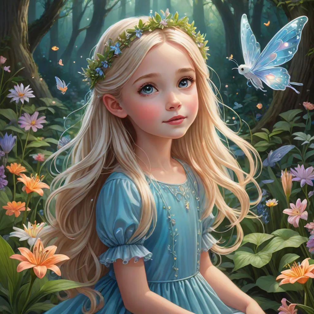 a painting of a little girl in a blue dress in a forest with butterflies flying around her head and a butterfly in her hair, fantasy art, a detailed painting, Charlie Bowater, highly detailed digital painting