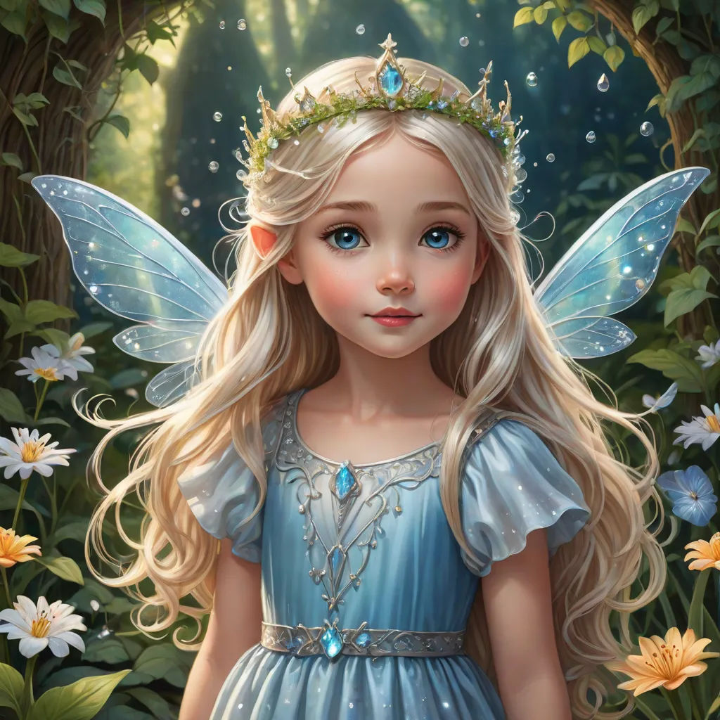 a little girl in a blue dress with a fairy wings on her head and a tiara on her head, fantasy art, a storybook illustration, Anne Stokes, highly detailed digital painting