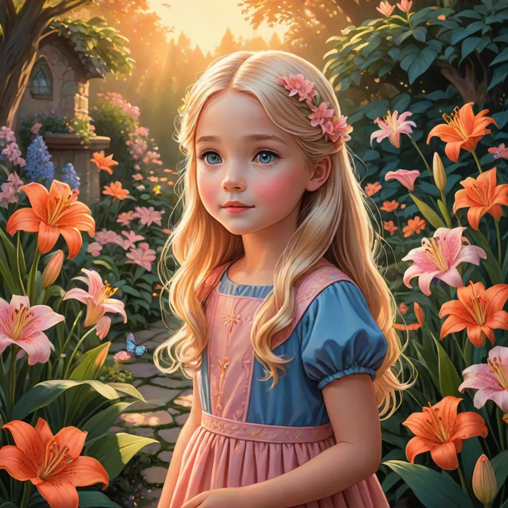 a painting of a little girl in a garden with flowers and a birdhouse in the background, with a sunbeam, fantasy art, a detailed painting, Alice Prin, kinkade