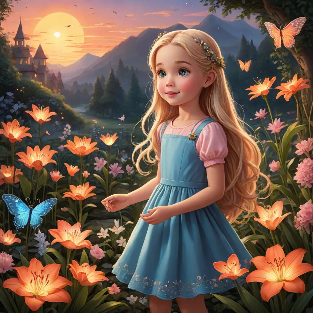 a little girl standing in a field of flowers with a butterfly flying over her head and a castle in the background, fantasy art, a storybook illustration, Alice Prin, kinkade