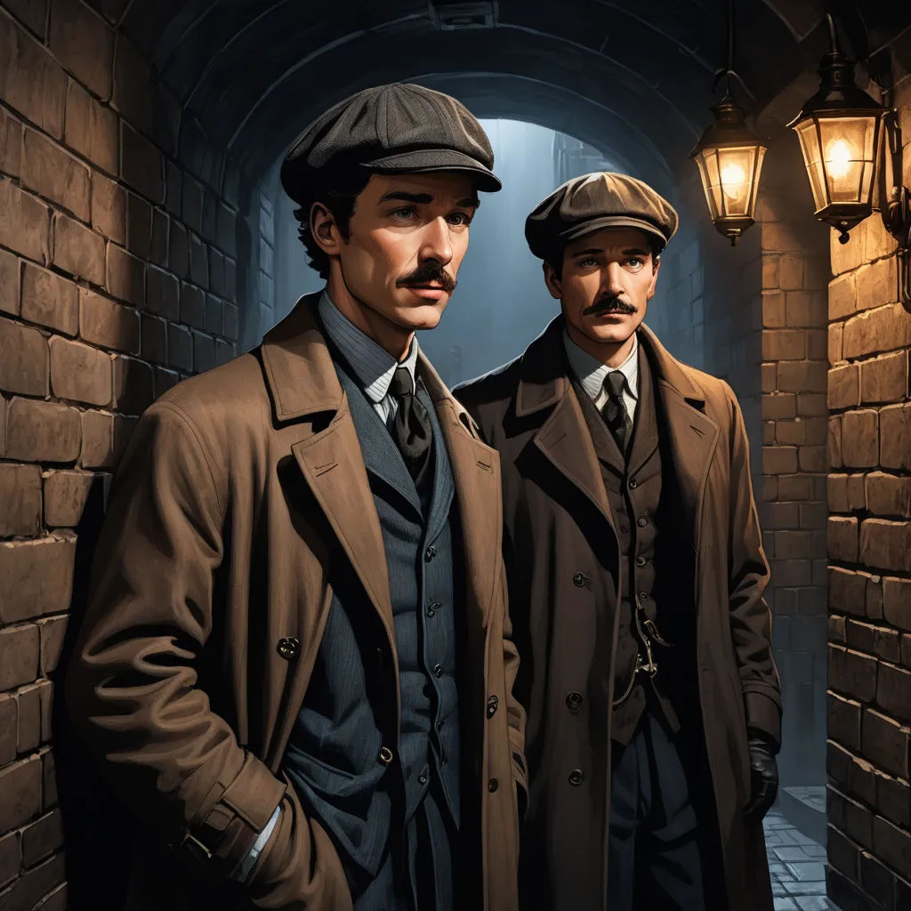 two men in coats and hats standing in a tunnel with a light on the wall behind them and a lantern on the wall, serial art, a comic book panel, Brothers Hildebrandt, official art