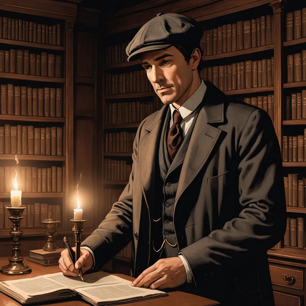 a man in a suit and tie sitting at a desk with a book and a candle in front of him, pre-raphaelitism, a character portrait, Eugene Montgomery, official art