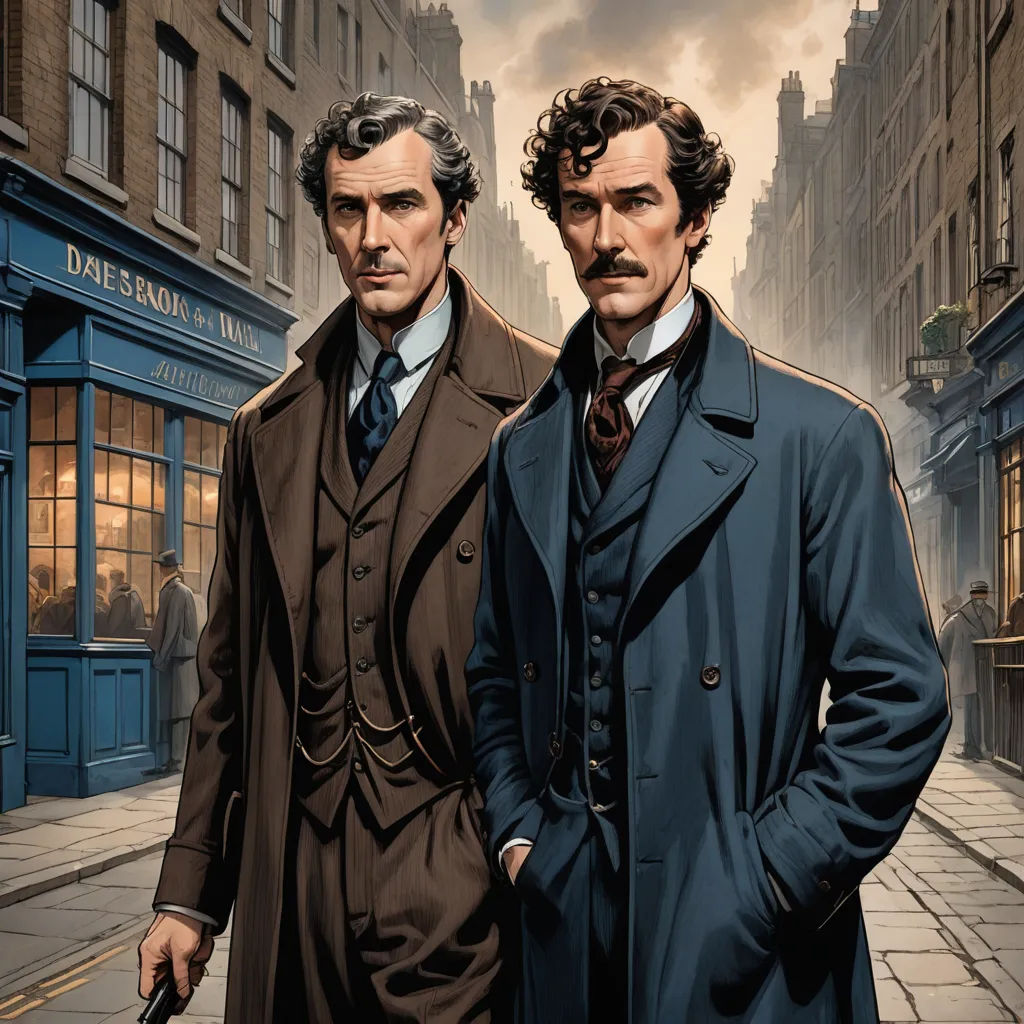 two men in coats and ties standing on a street with a building in the background and a sky with clouds, pre-raphaelitism, poster art, Drew Struzan, key art