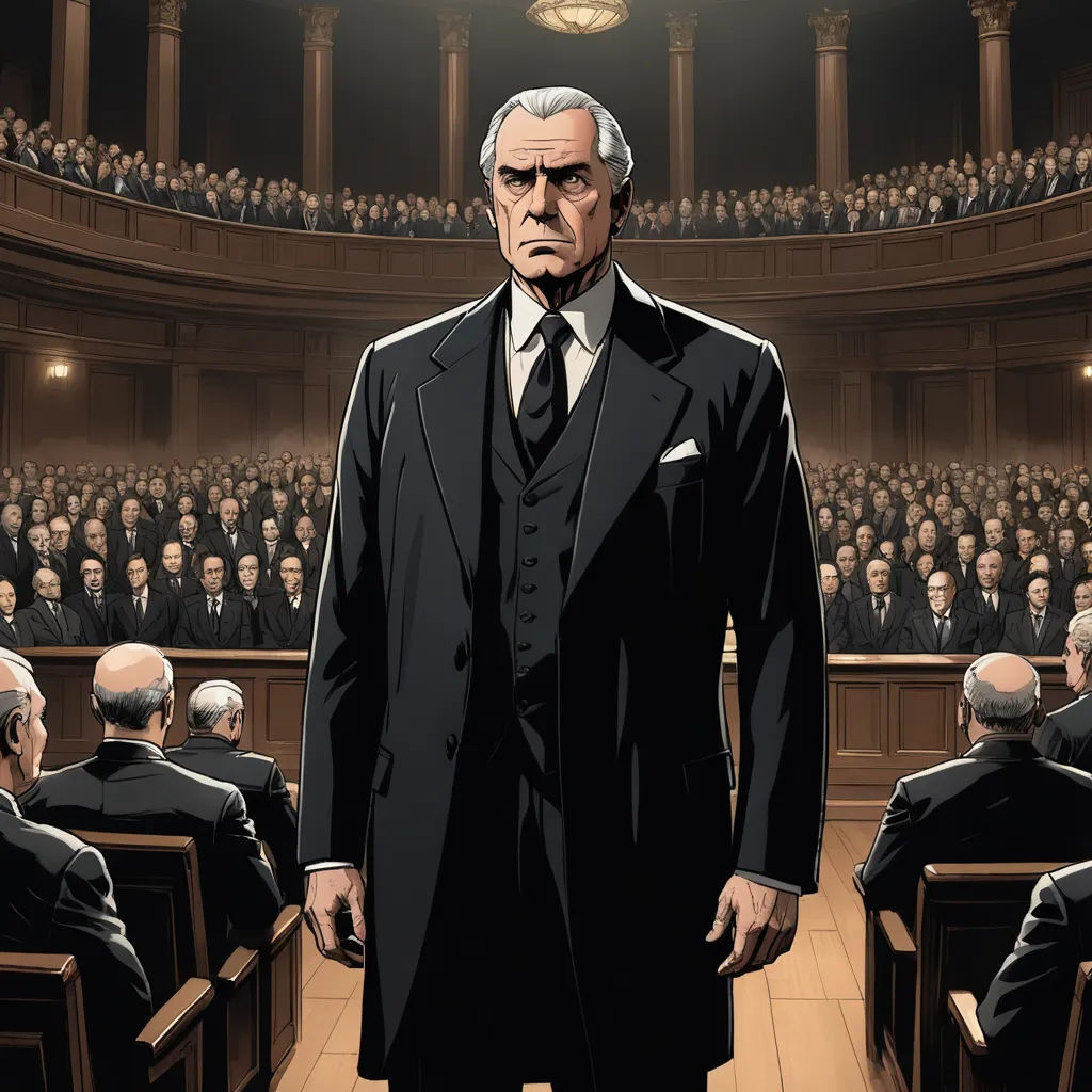 a man in a suit standing in front of a crowd of people in a courtroom with a clock on the wall, classical realism, concept art, Barron Storey, official art