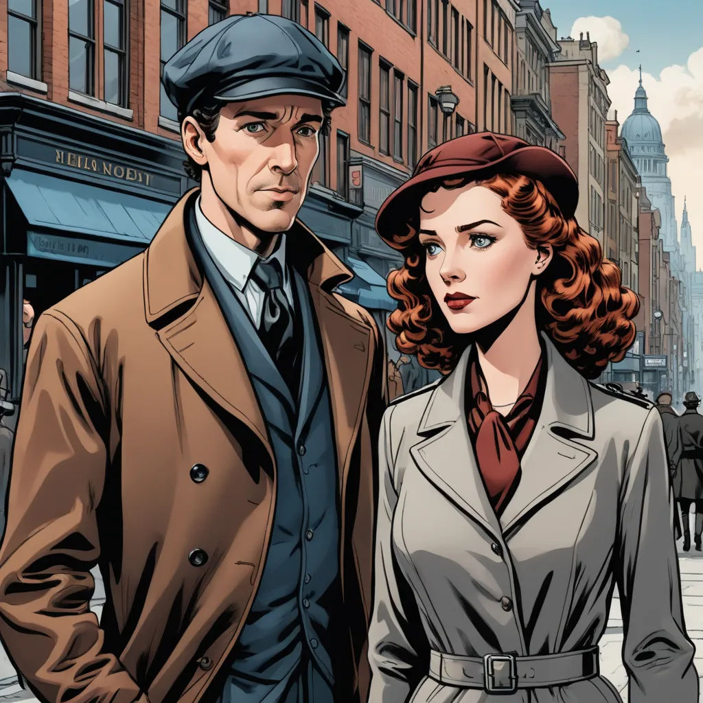 a man and a woman standing next to each other on a street corner in a city with tall buildings, harlem renaissance, a comic book panel, Edwin Georgi, graphic novel
