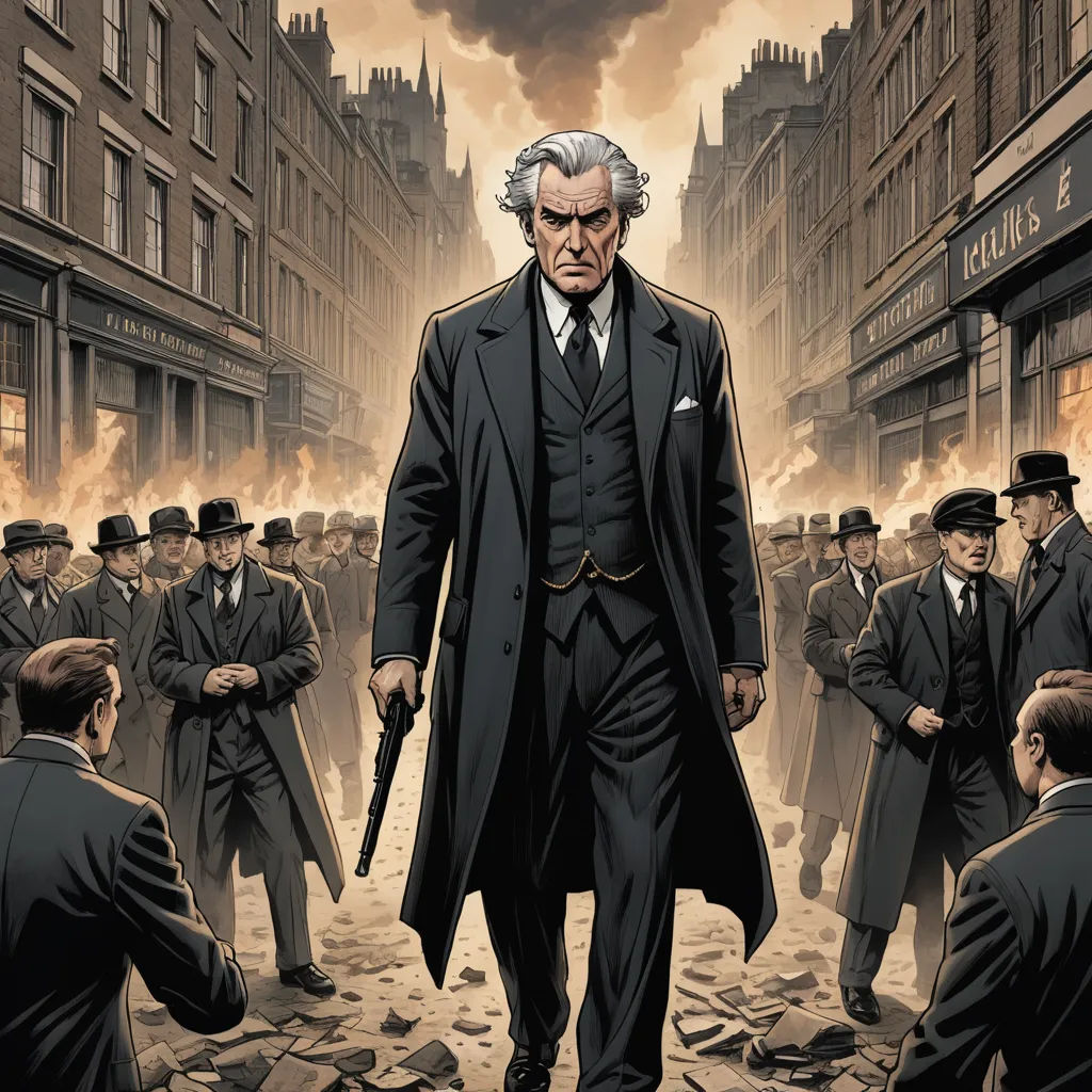 a painting of a man in a suit and tie walking through a crowd of people with a gun in his hand, ashcan school, a comic book panel, Barron Storey, western comic book art