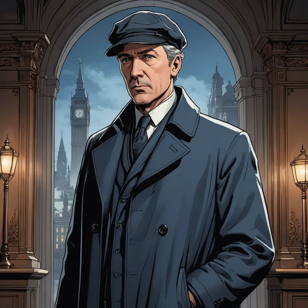 a man in a trench coat and hat standing in front of a clock tower with a clock tower in the background, private press, a character portrait, Cliff Childs, official art