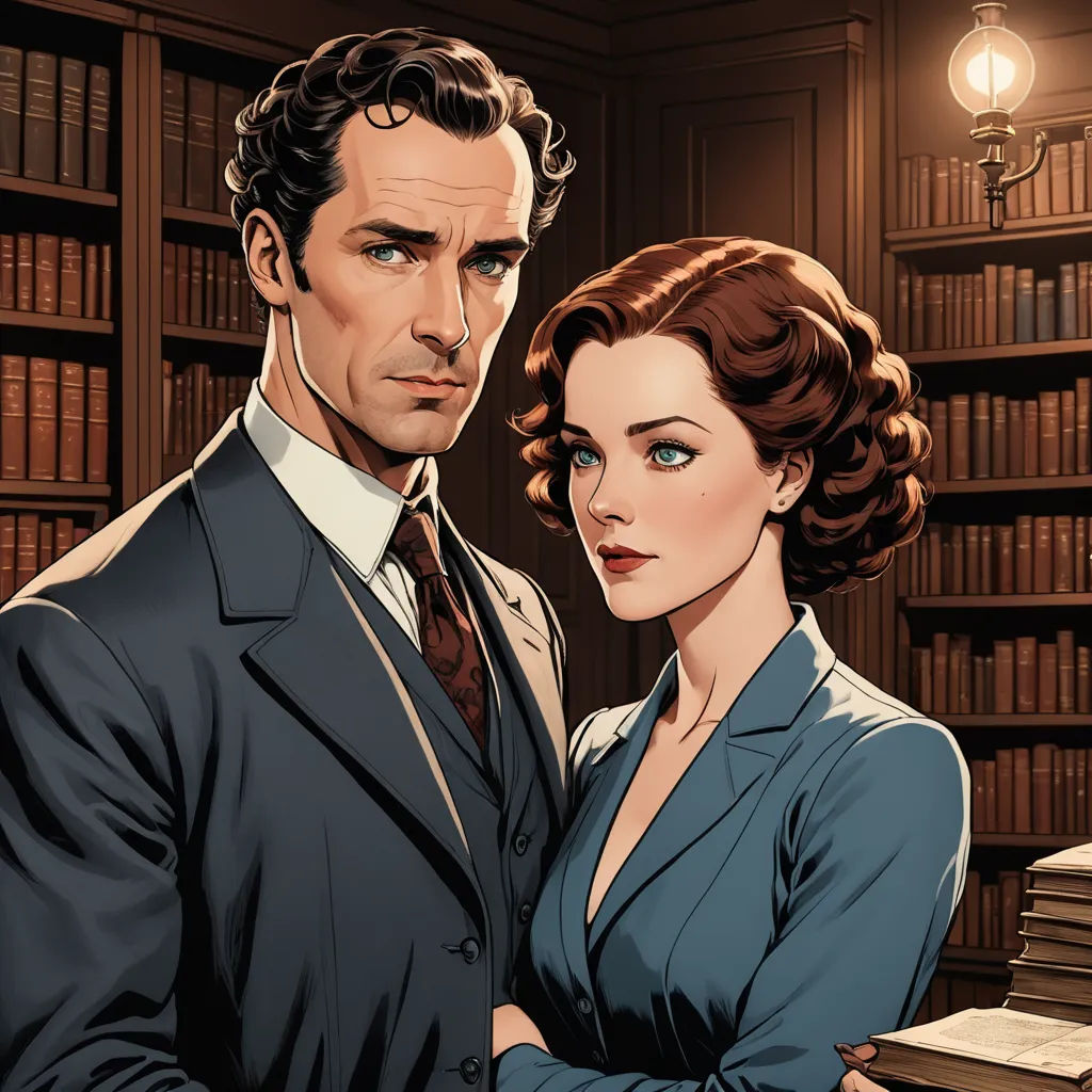 a man and a woman standing in front of a bookcase with books on it and a lamp in the background, international gothic, a comic book panel, Edwin Georgi, graphic novel
