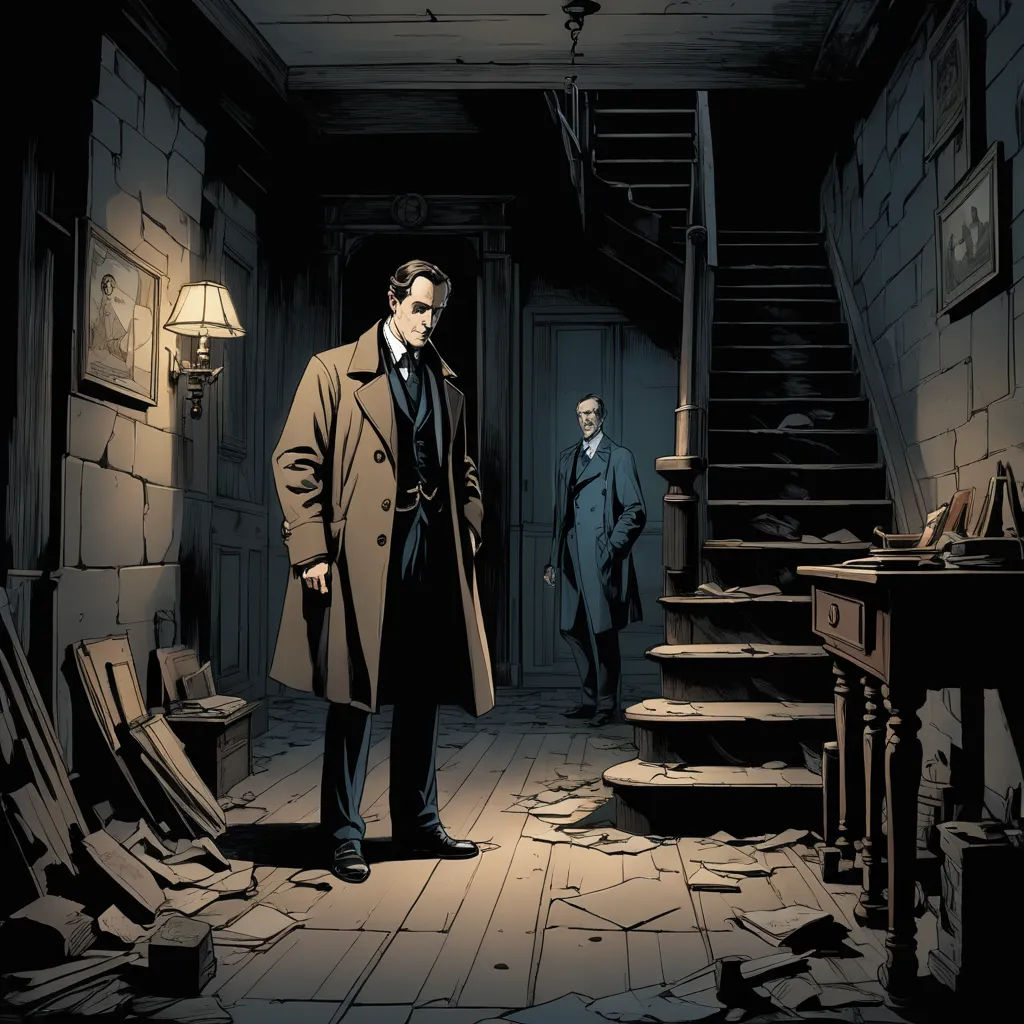 a man in a trench coat standing in a dark room with stairs and a lamp on the wall behind him, gothic art, a comic book panel, Ben Templesmith, comic cover art