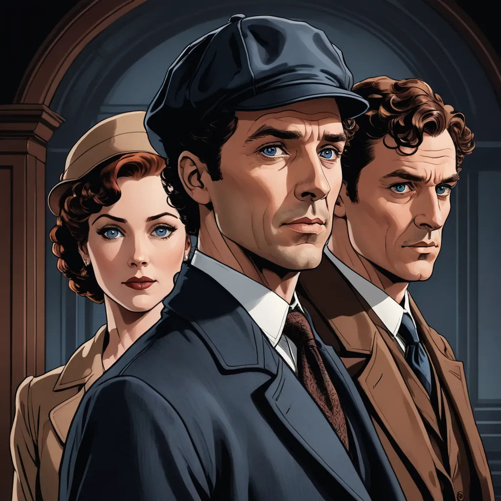 a painting of three people in suits and hats, one of them is looking at the camera and the other is staring, serial art, a comic book panel, Edwin Georgi, promotional image