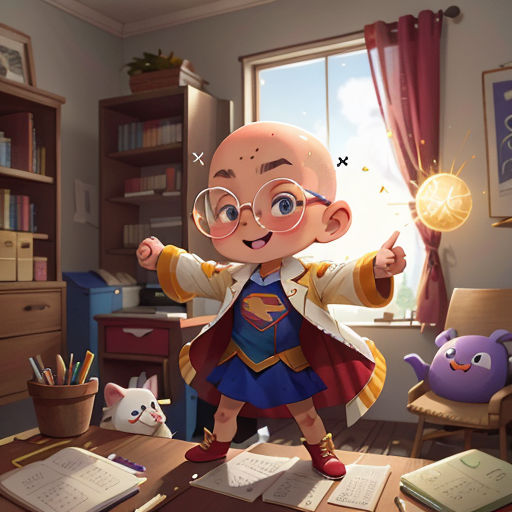 a cartoon character is standing on a desk with a book and a cat in the background and a bookcase