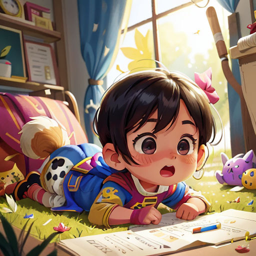 a little girl laying on the ground next to a book and a teddy bear in a room with a window