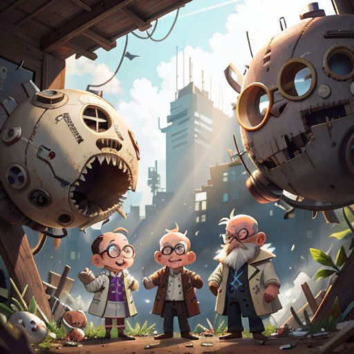 a group of people standing in front of a giant machine with a giant head on it's face