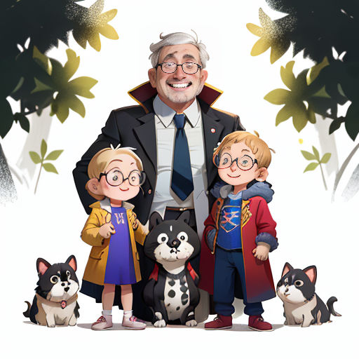 a man and two children standing next to a dog and a cat with a man in a suit and tie