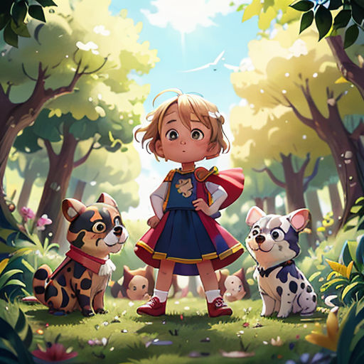 a little girl standing in the woods with her dogs and a cat on the ground next to her,