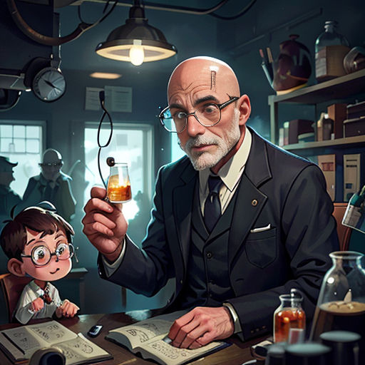 a man holding a glass of whiskey in front of a child in a room with books and a lamp