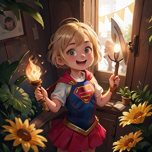 a cartoon girl holding a lit candle and a sword in her hand, standing in front of a window